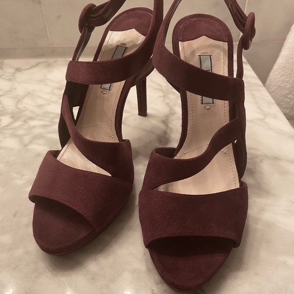 Prada Suede Plum Asymmetrical Triple Strap Platform Sandal - Picture 4 of 8